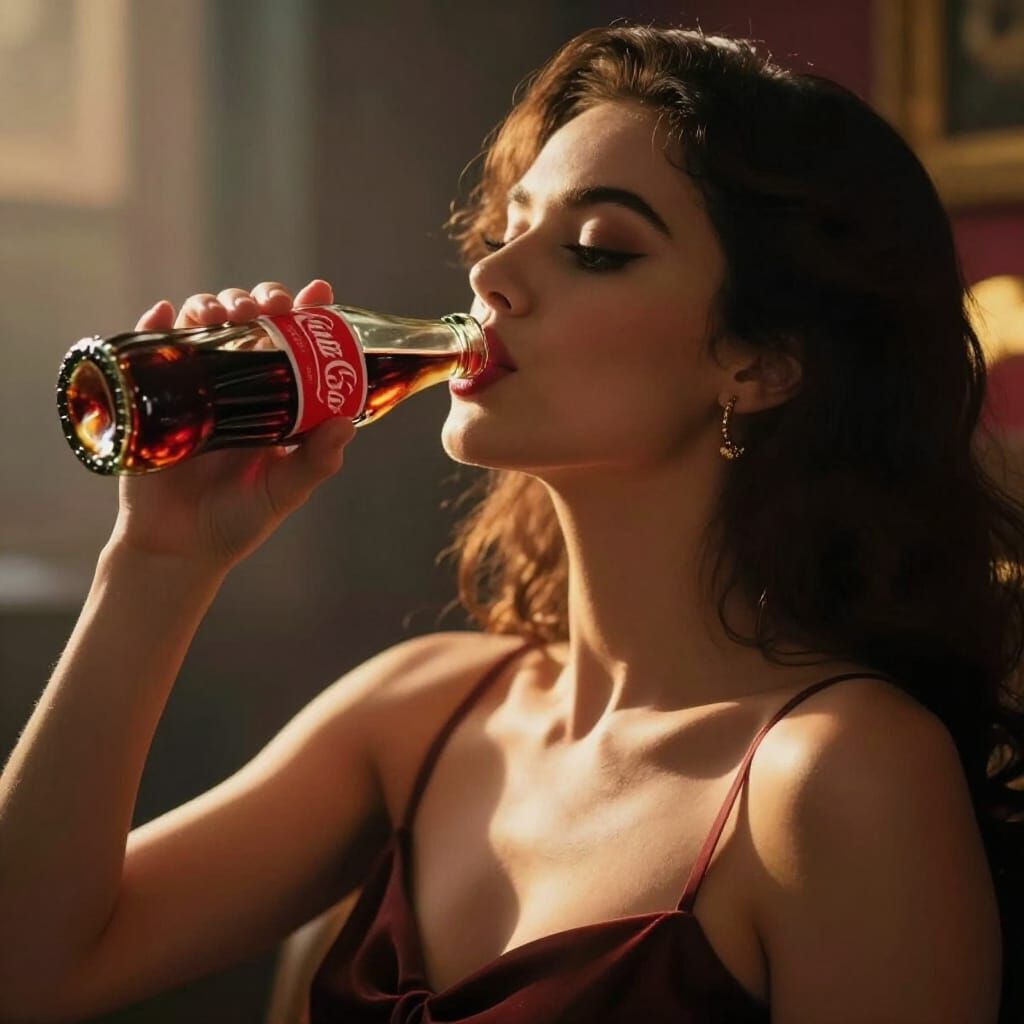 Elegant Woman Drinks Coca-Cola in Dramatic Golden Light