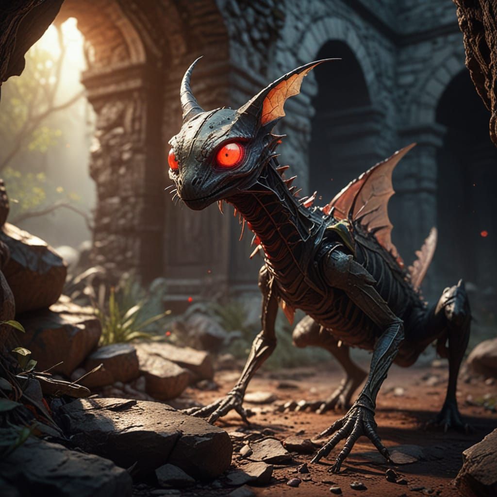 Dark Fantasy Creature Emerges from Ancient Tomb Ruins