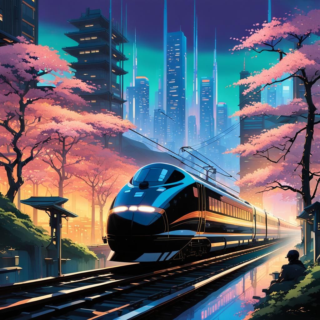 Futuristic Bullet Train in Neon Japanese Cityscape