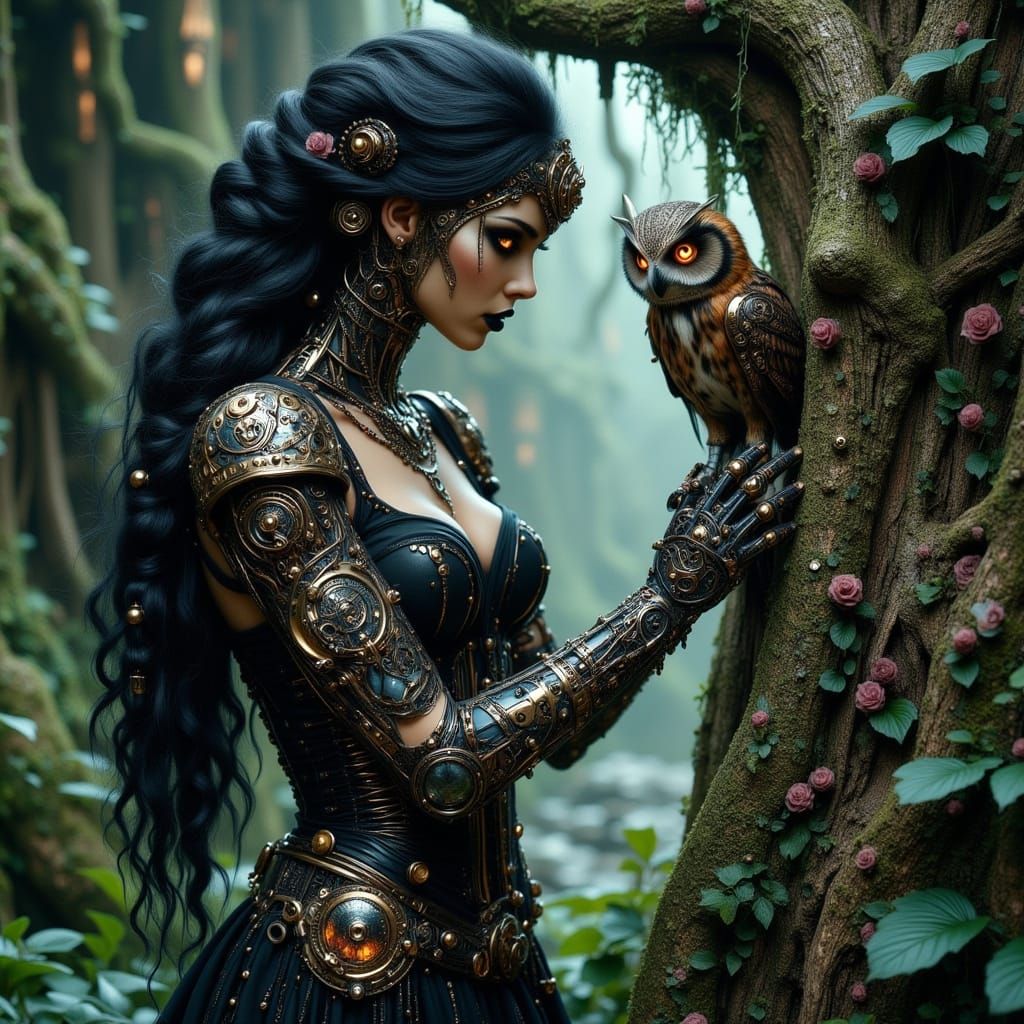 Steampunk Cyborg Woman with pet Owl