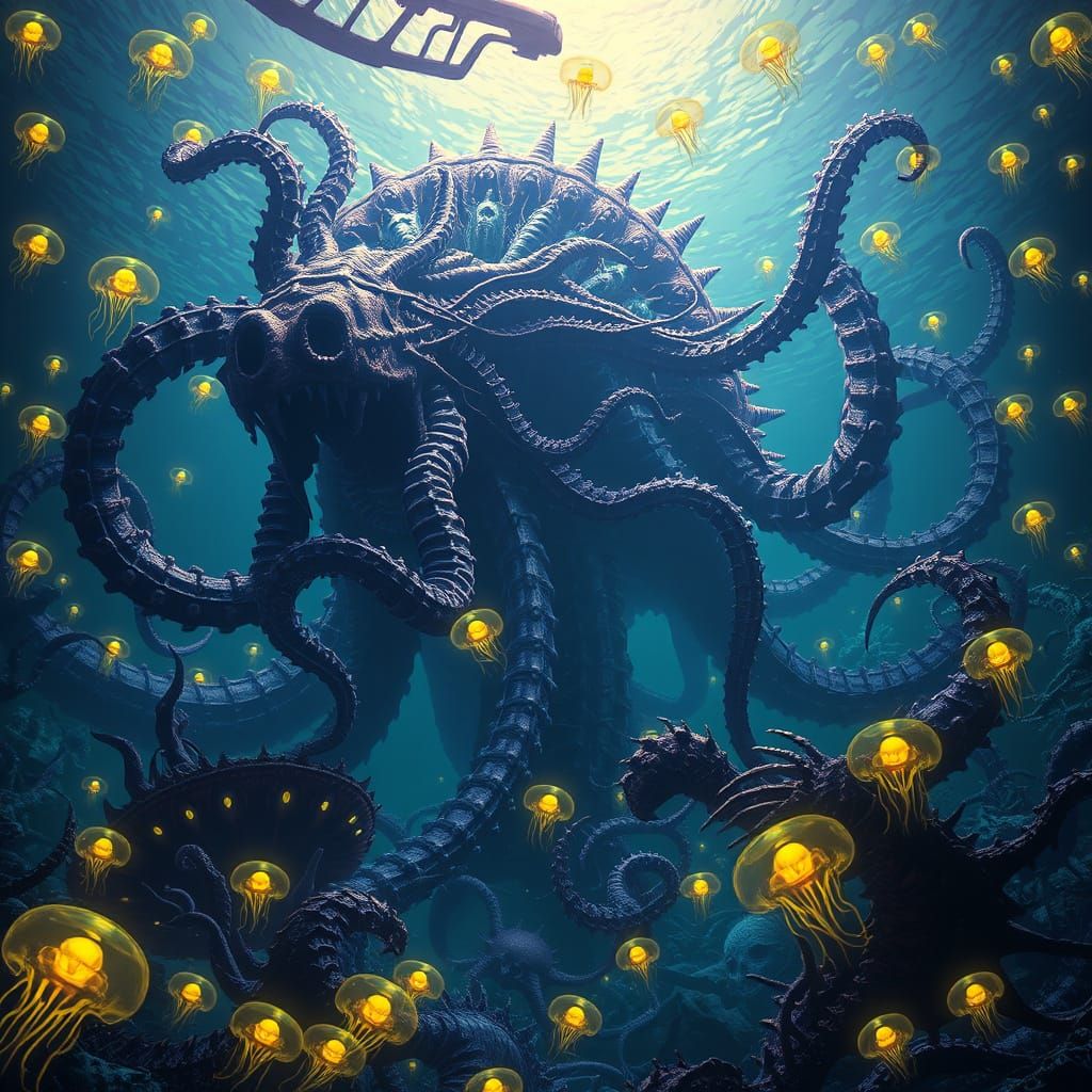Colossal Bioluminescent Sea Monster in Dark Fantasy Style