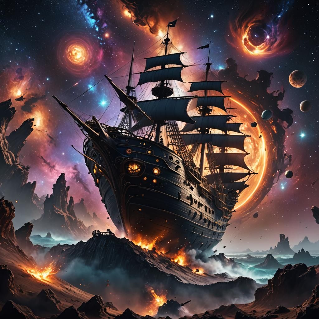Pirate Ship Navigating a Black Hole in Space