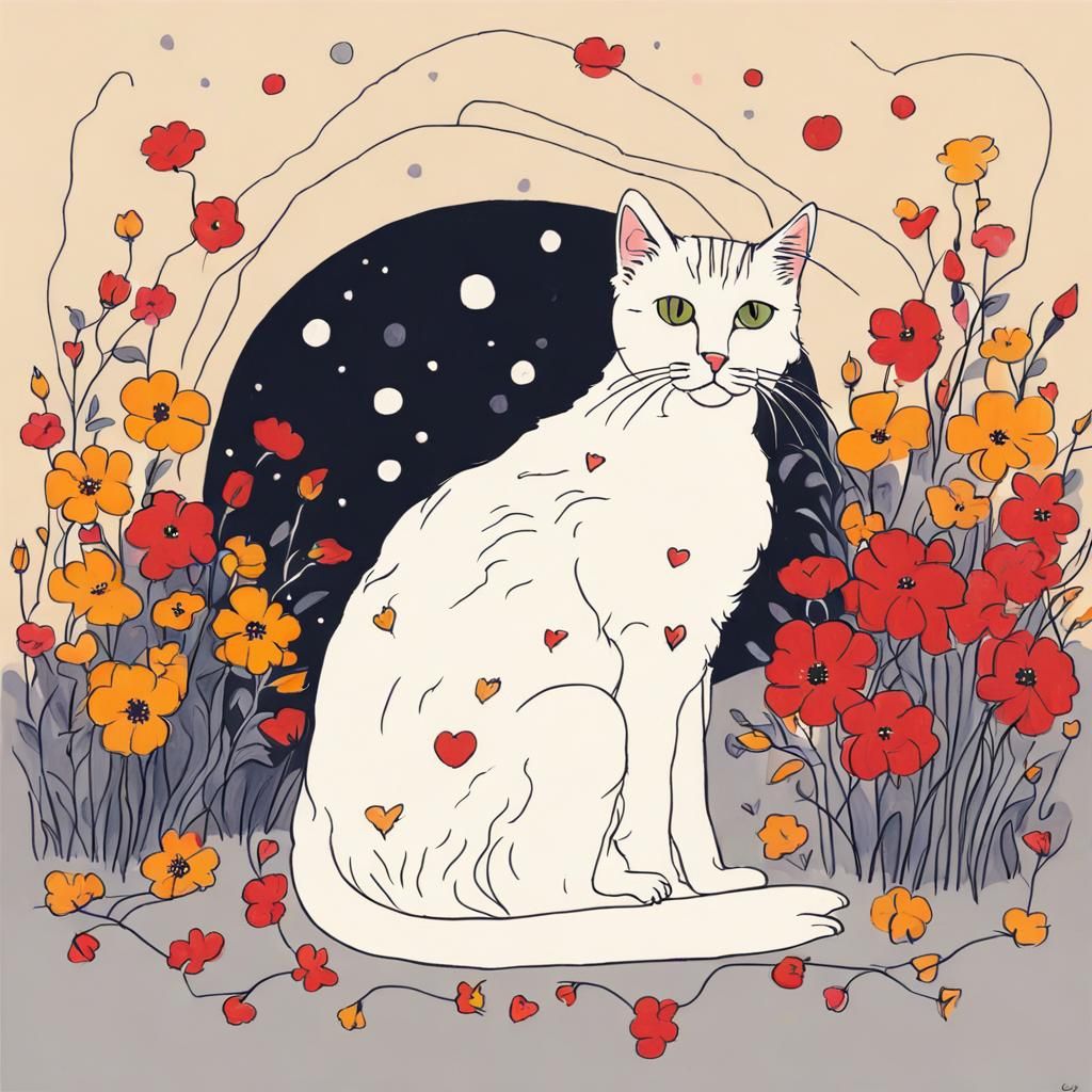 Abstract Cat with Flowers in Still Style