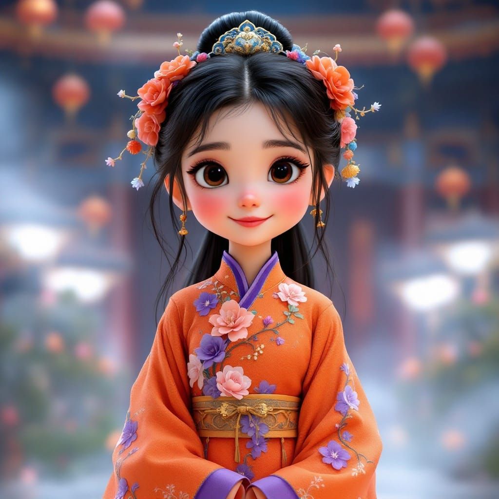 Girl in Hanfu at Forbidden City, Disney Animation Style
