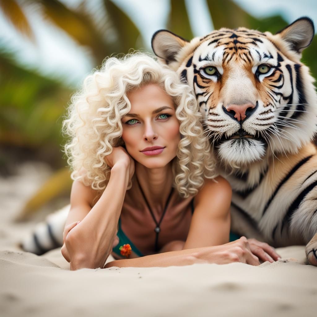 Woman and Tiger on Tropical Beach Photo
