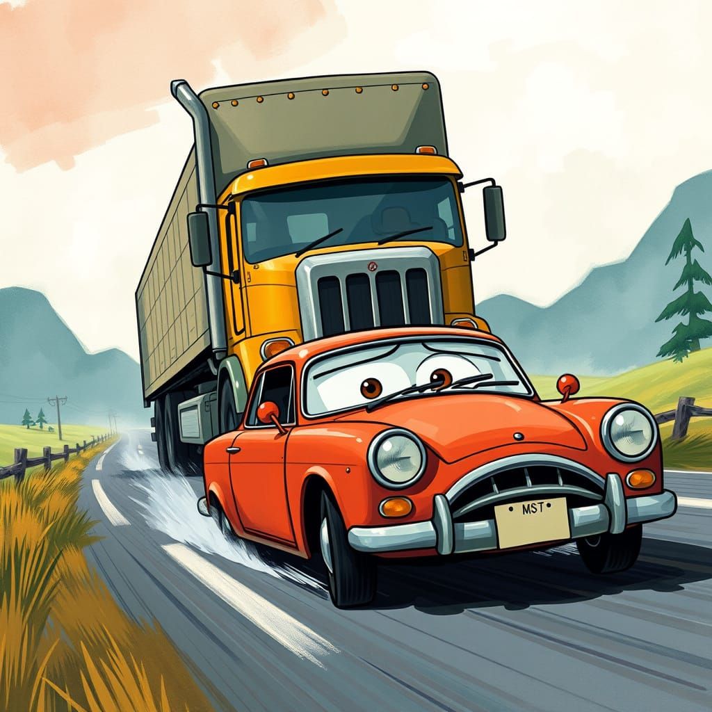 Frightened Car Running from Truck in Ghibli Style