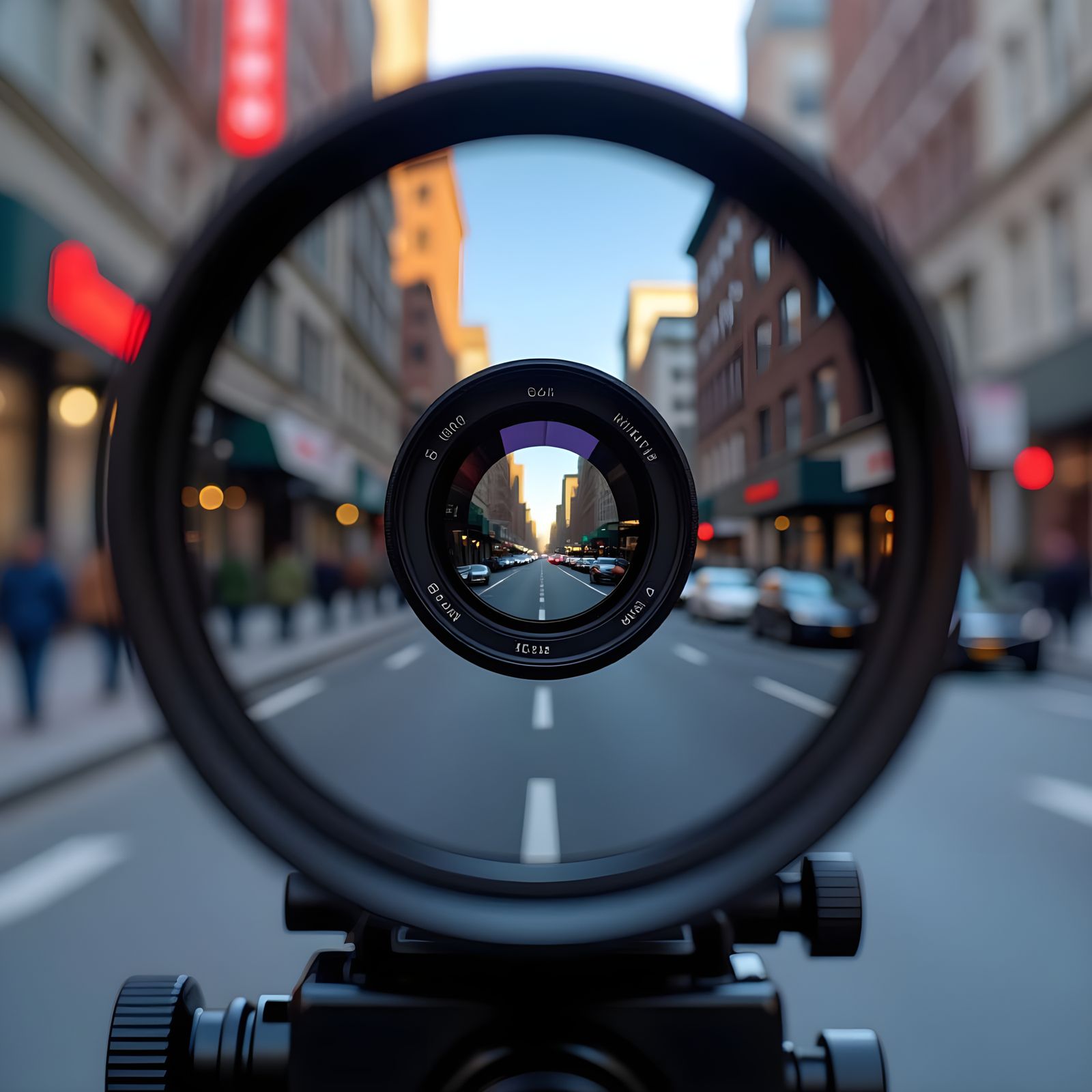 City Reflection in Camera Lens: Macro Photography with Bokeh