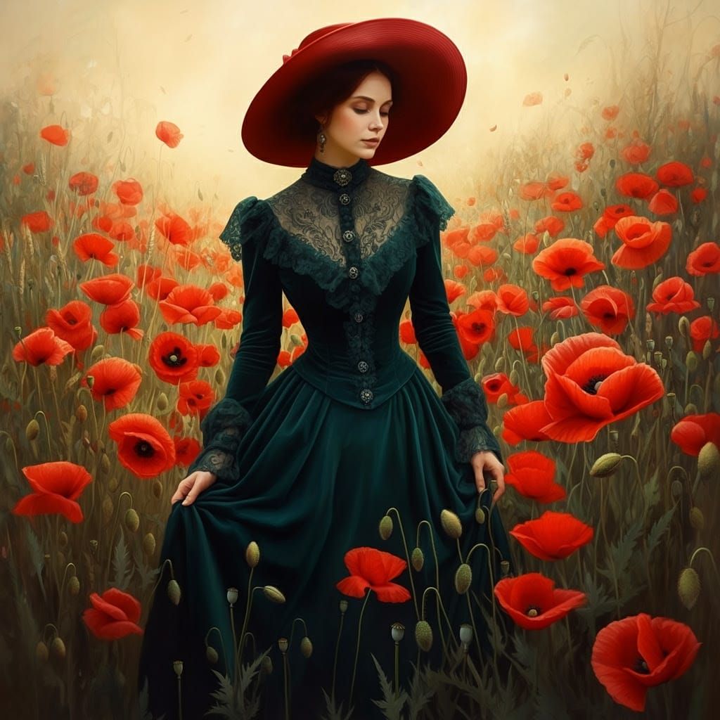 Elegant Woman Amidst Red Poppies in a Whimsical Landscape