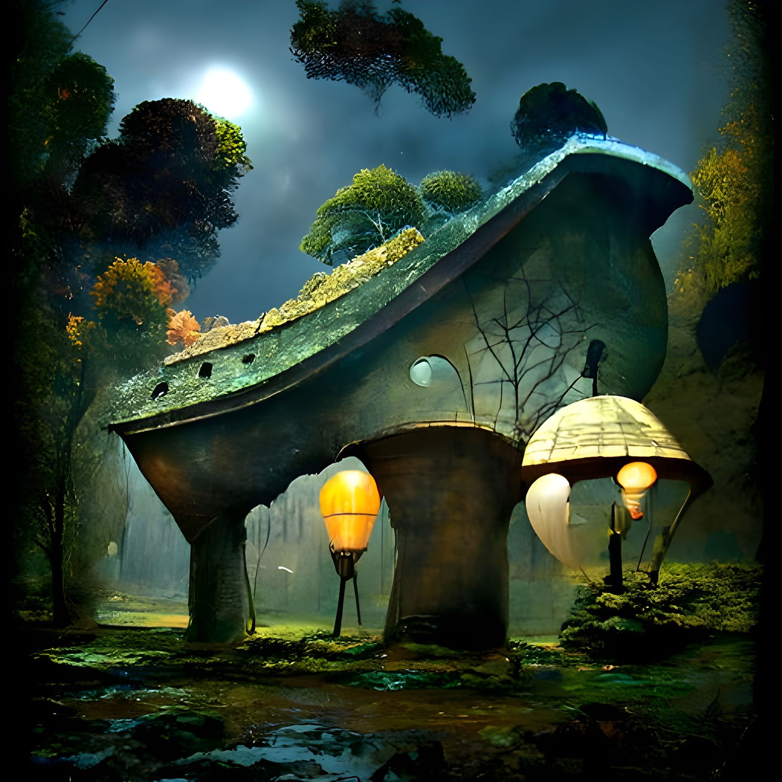 Futuristic Japanese Garden in Dramatic Lighting