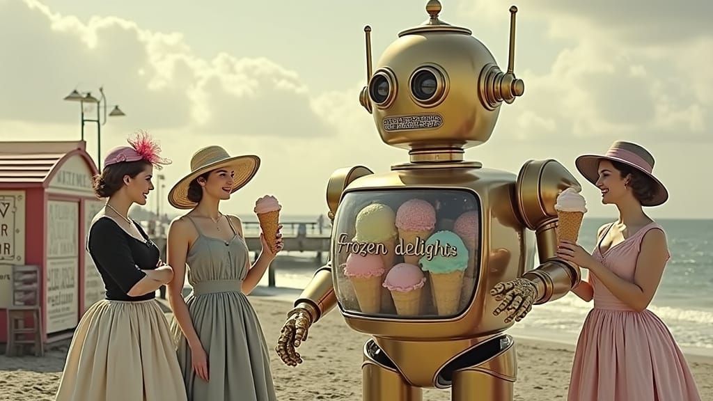 Victorian Women and Ice Cream Robot on the Pier