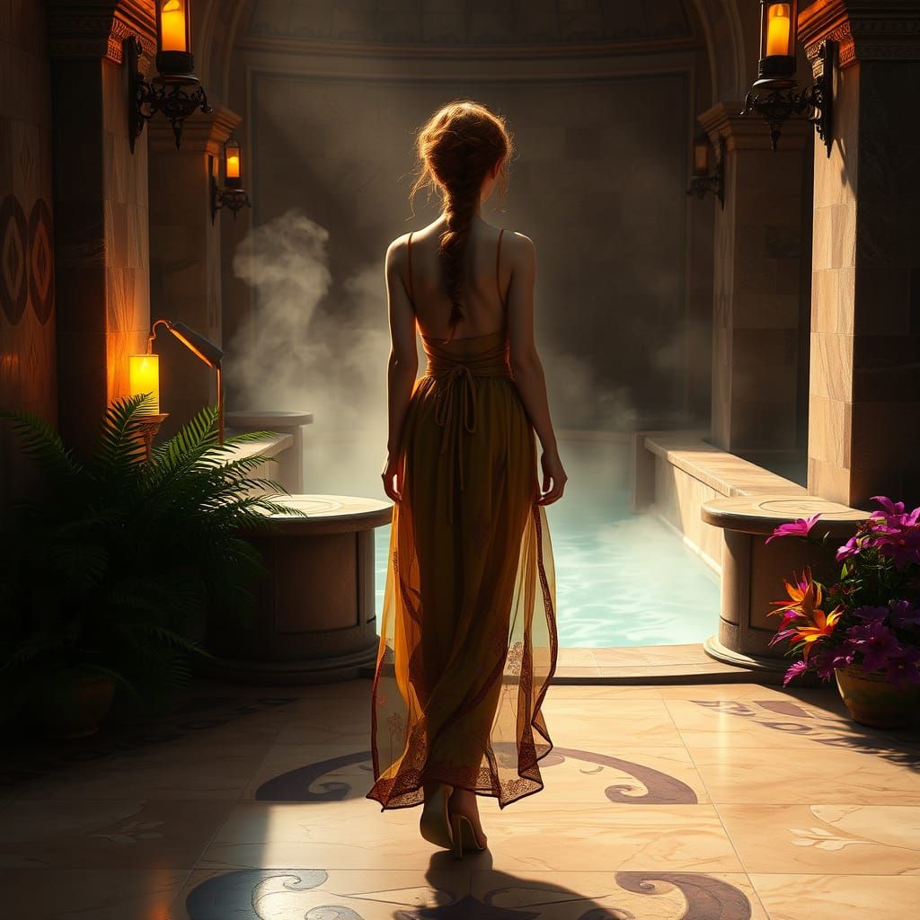 Mystical Medieval Bath Scene in Elegant Style