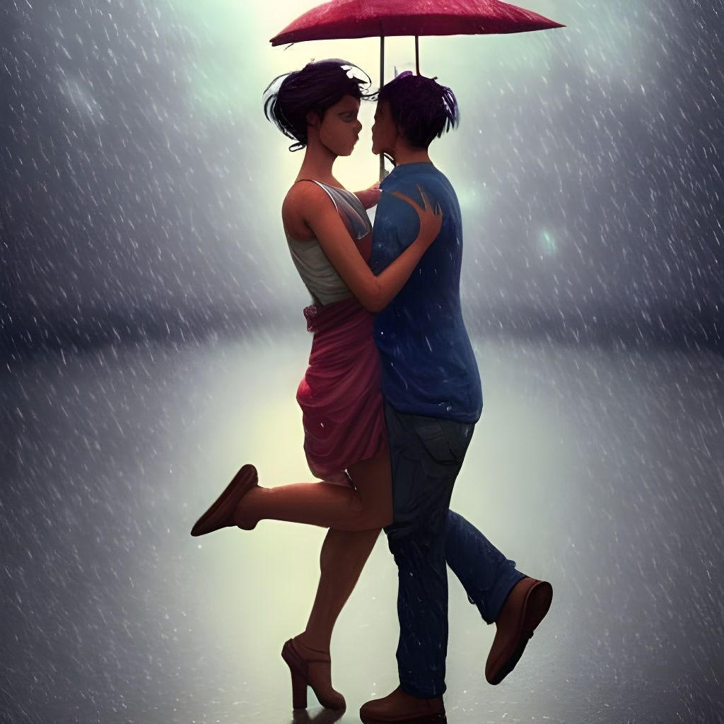 Romantic Couple Kissing in Rain, Art Nouveau Style