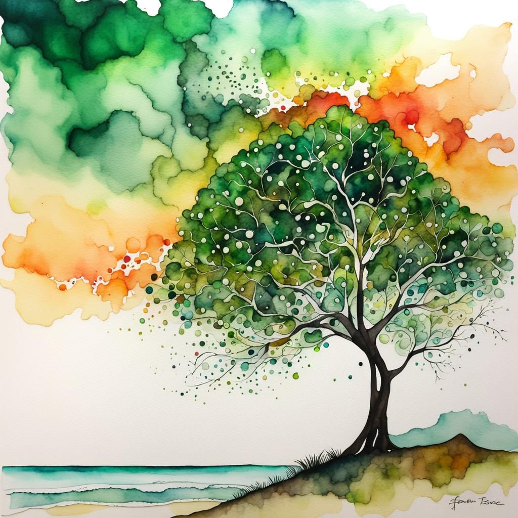 Alcohol ink painting of a banyan tree on an Indian beach