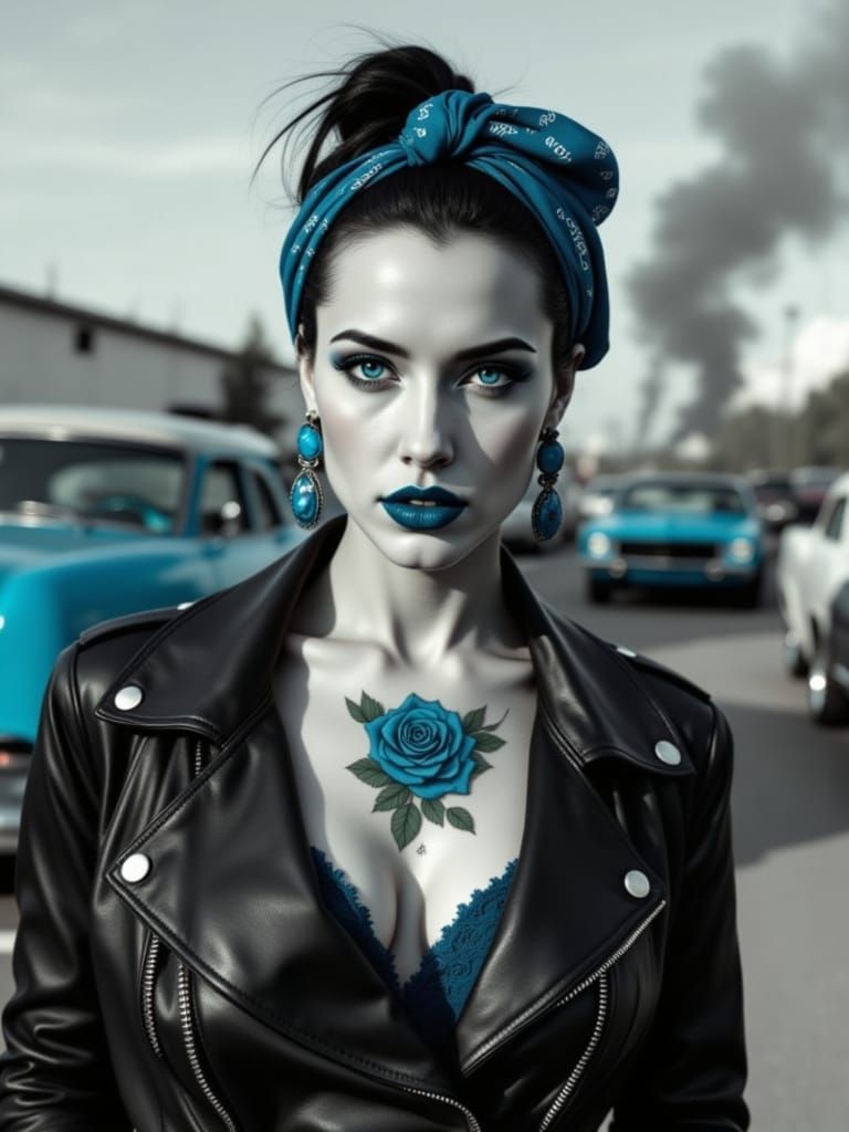 Retro Woman with Blue Lipstick in High Fashion Portrait