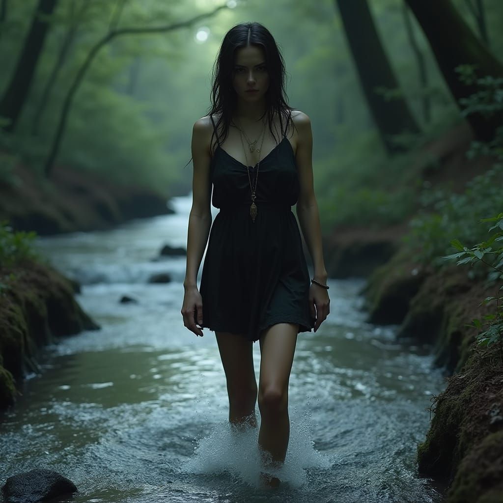 Woman Wades Through Forest Stream in Hyperrealistic Style