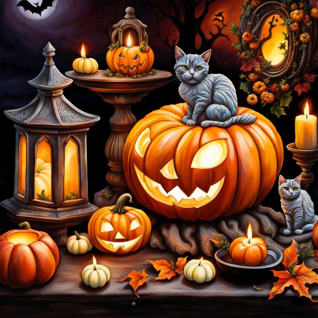 Spooky Halloween Pumpkin Carving in Graveyard Scene