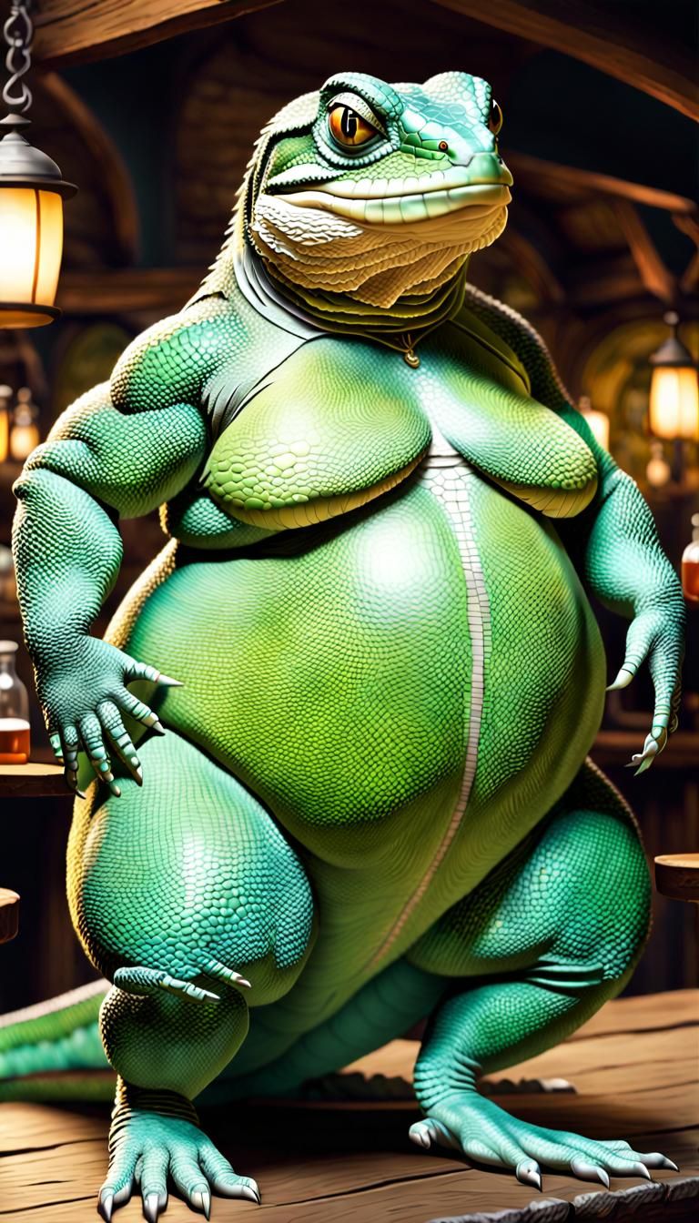Anthropomorphic Lizard Woman Working in Tavern