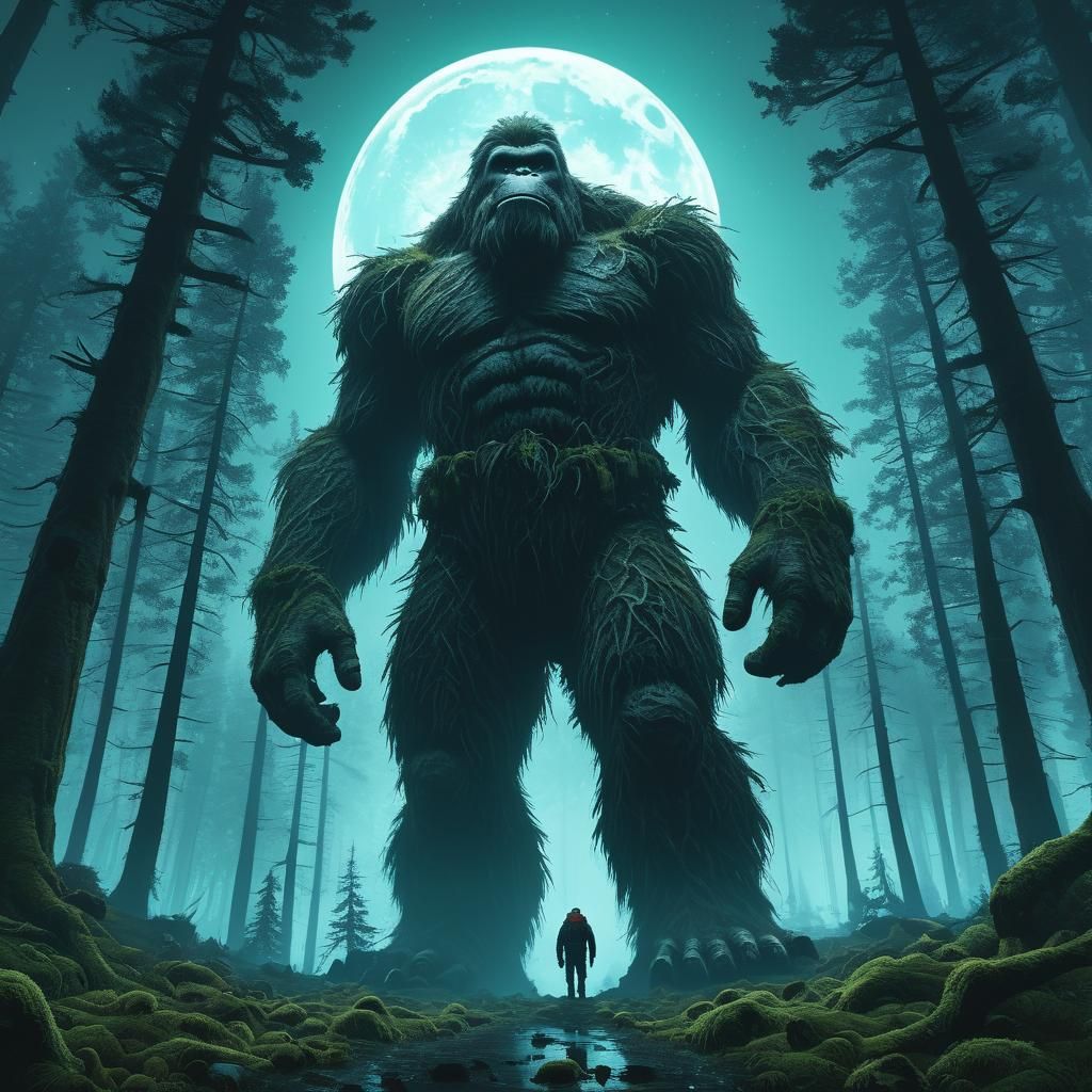 Bigfoot in Misty Forest: Cinematic Digital Painting