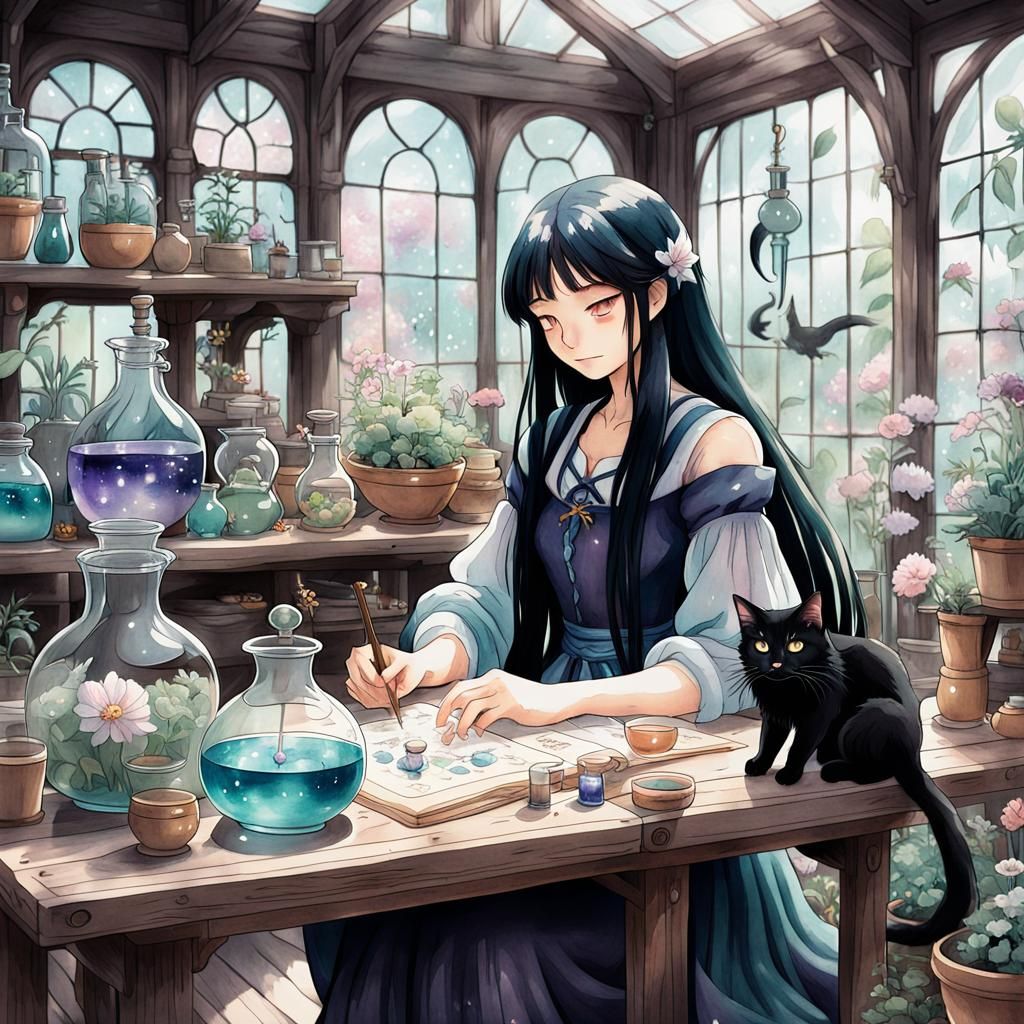 Sorceress in Greenhouse: Studio Ghibli Anime Style