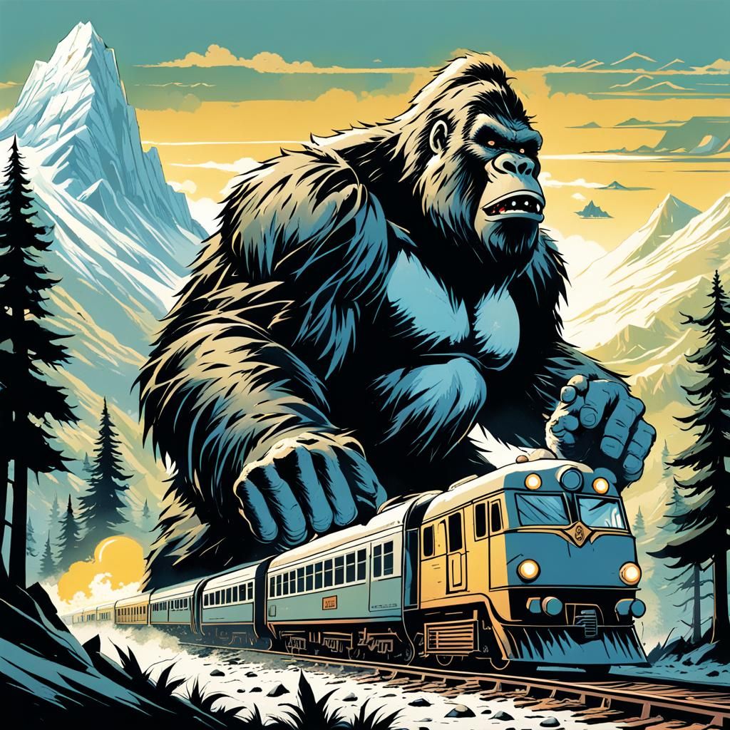 King Kong destroying a diesel electric train in the mountains!