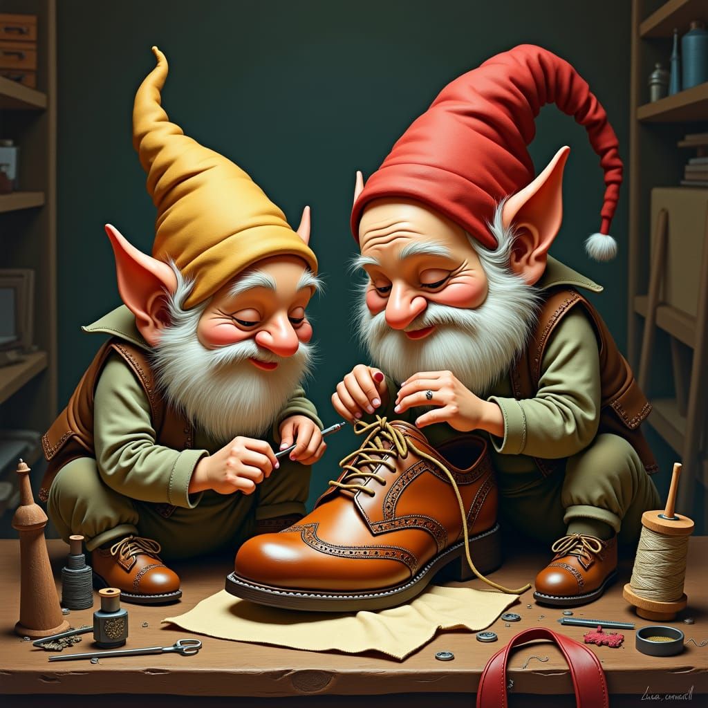 Gnomes Repairing Shoes in Whimsical Fairy-Tale Workshop