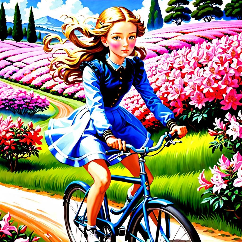 Girl Riding a Bike in an Azalea Field