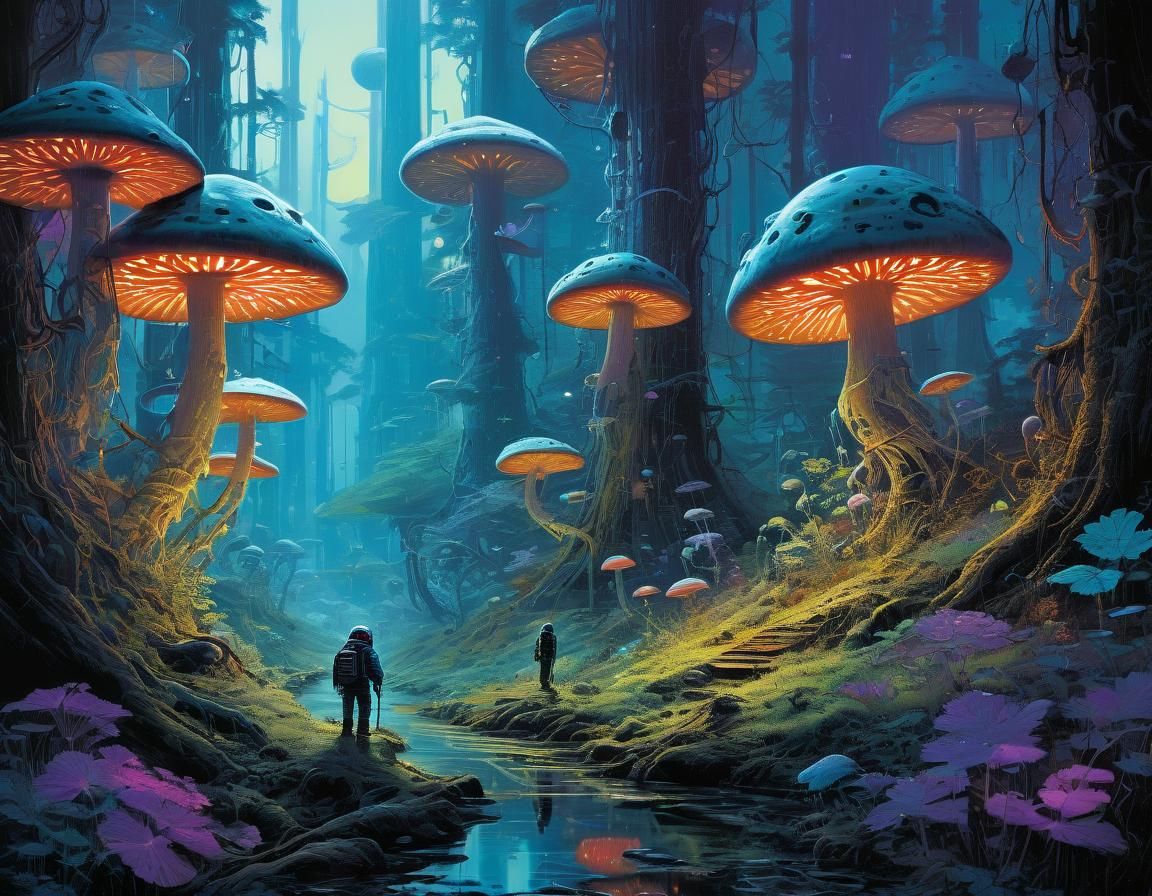 Astronauts in Alien Forest: A Sci-Fi Landscape