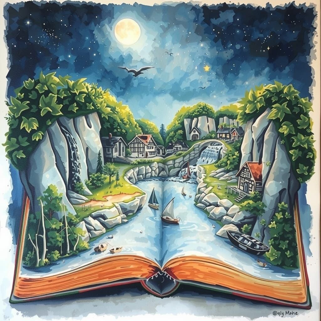 Open Book Waterfall Village Under Starry Sky