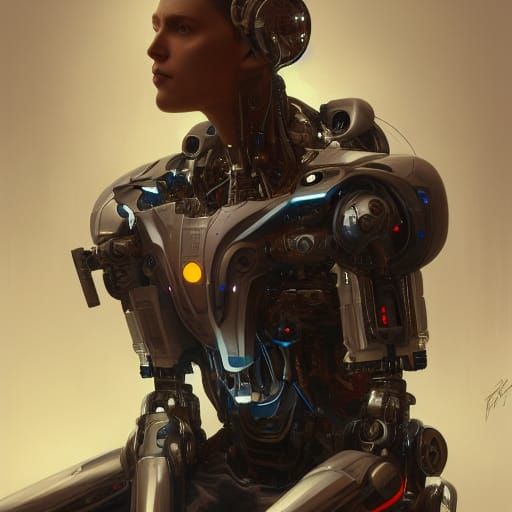 Cyborg Robot Recharging in Hyperdetailed Portrait