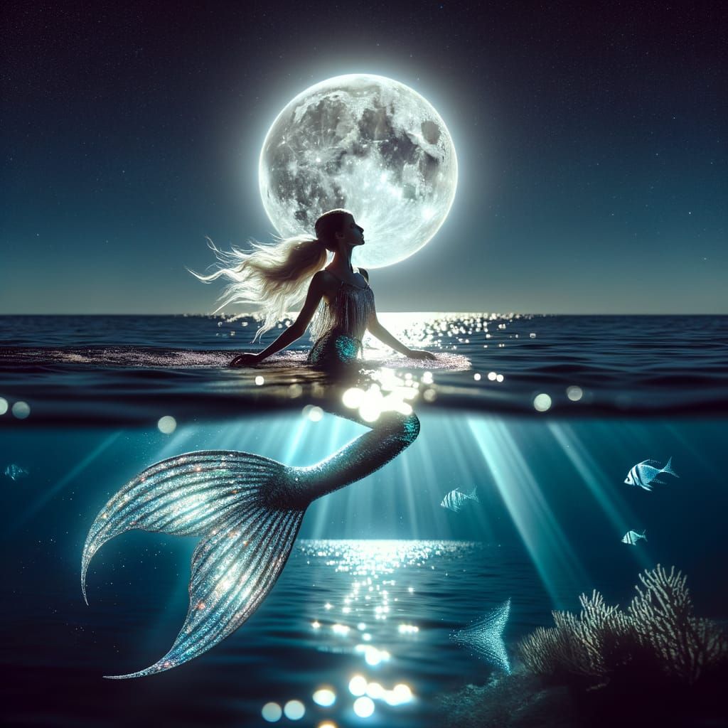 Moonlit Mermaid in Calm Ocean Waters
