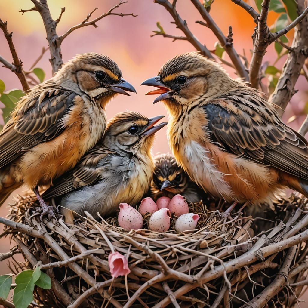Hyperrealistic Baby Birds in Nest at Sunset