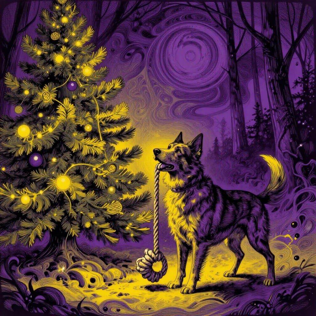 Dog Plays With Rope Toy By Christmas Tree in Alcohol Ink Sty...