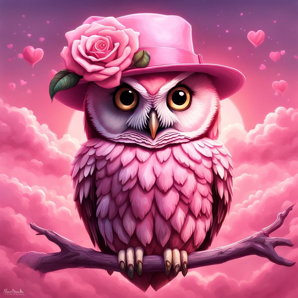 A pink lovely female Owl wearing a pink fedora hat with a ro...