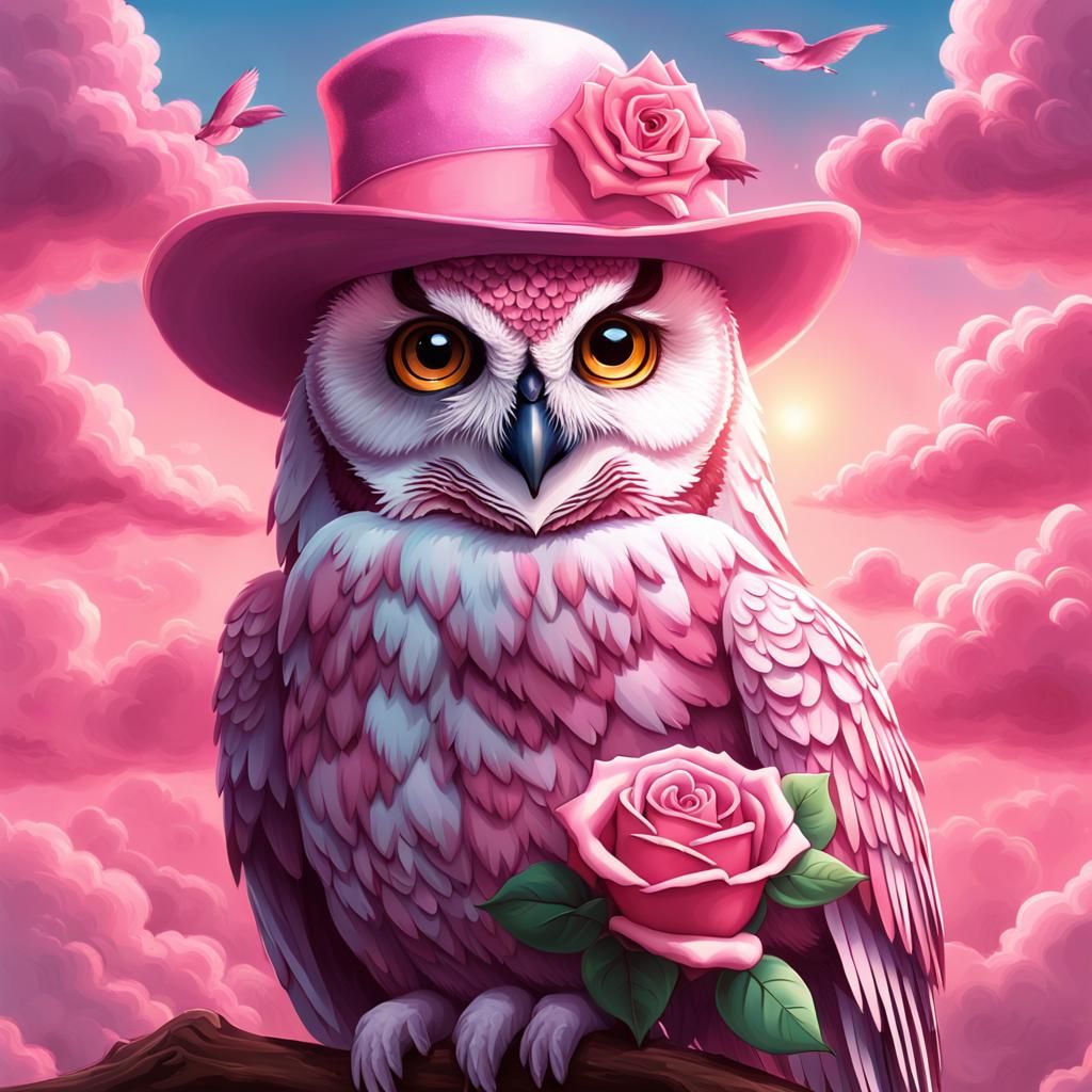 A pink lovely female Owl wearing a pink fedora hat with a ro...