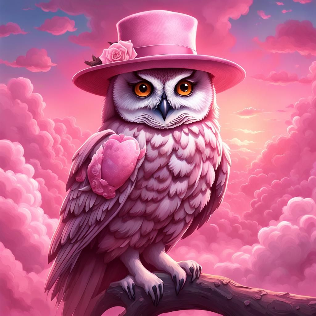 A pink lovely female Owl wearing a pink fedora hat with a ro...