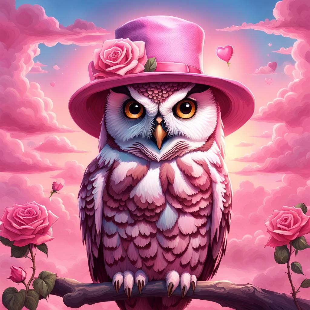 A pink lovely female Owl wearing a pink fedora hat with a ro...