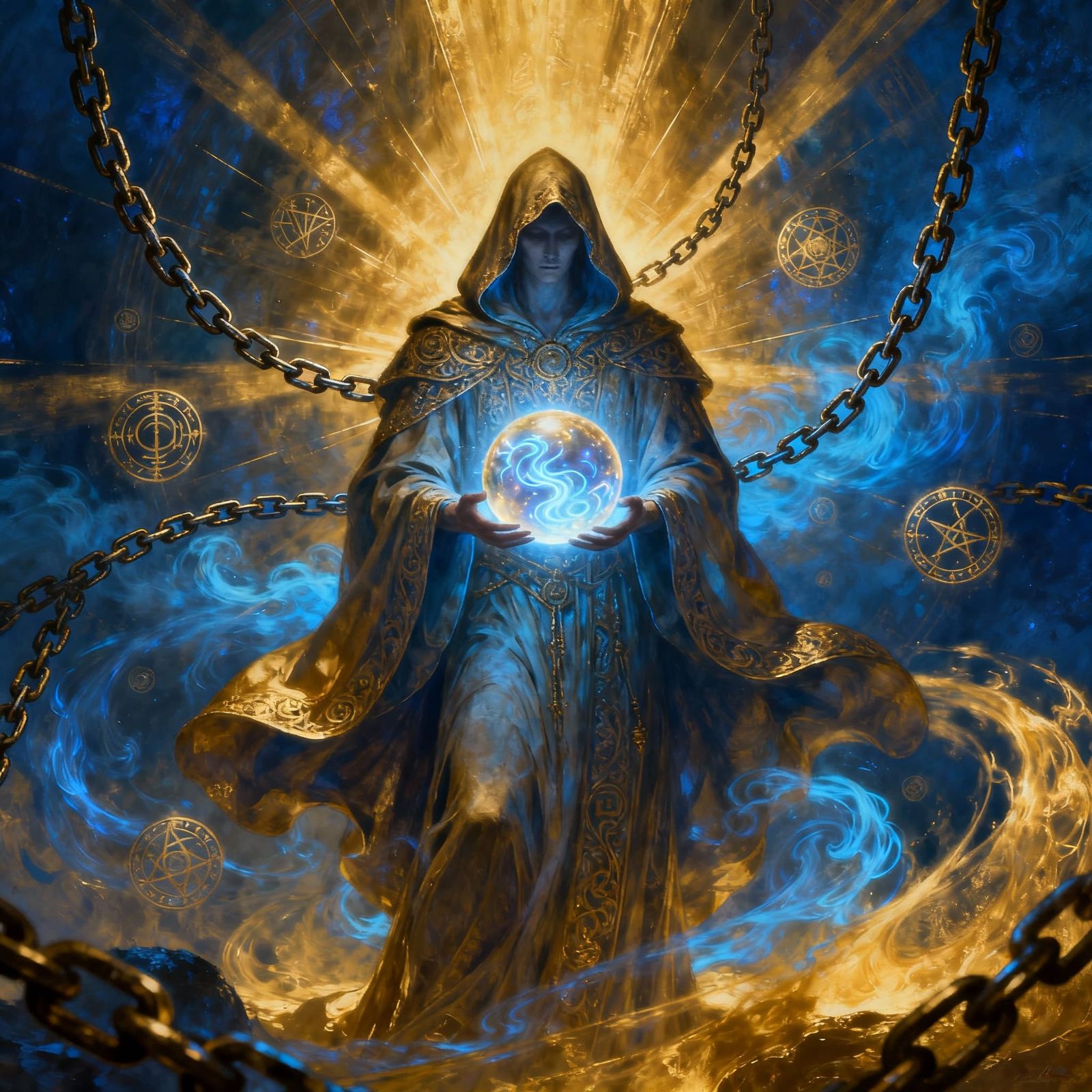 Mystical Mage with Glowing Orb in Magical Void