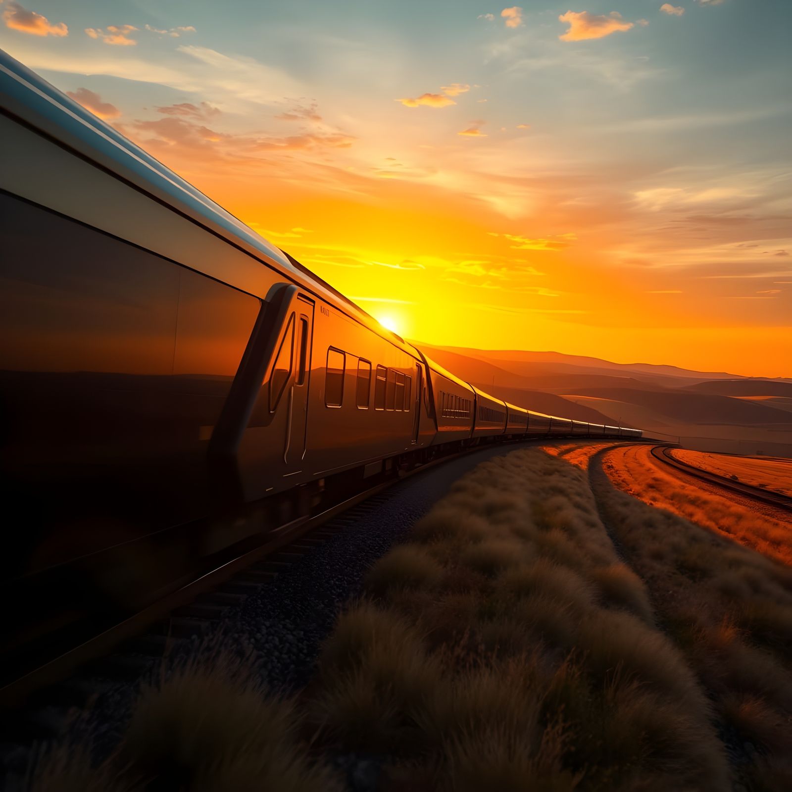 Sleek Train Glides Through Golden Sunset Landscape