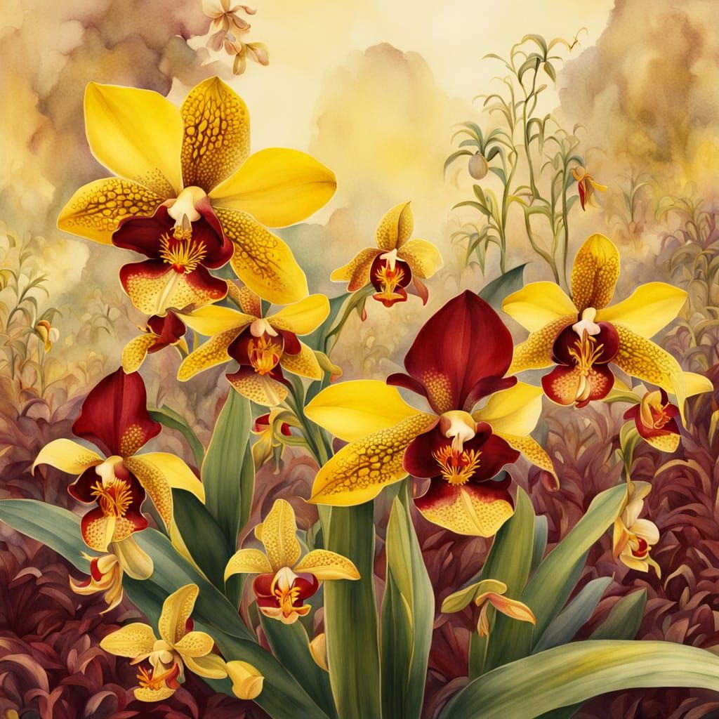Ethereal Orchids in a Dreamlike Yellow Landscape