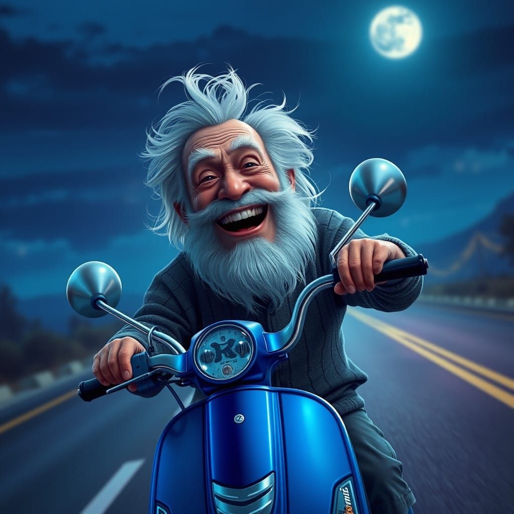 Joyful Grandpa Cruises the Moonlit Road on a Vibrant Scooter