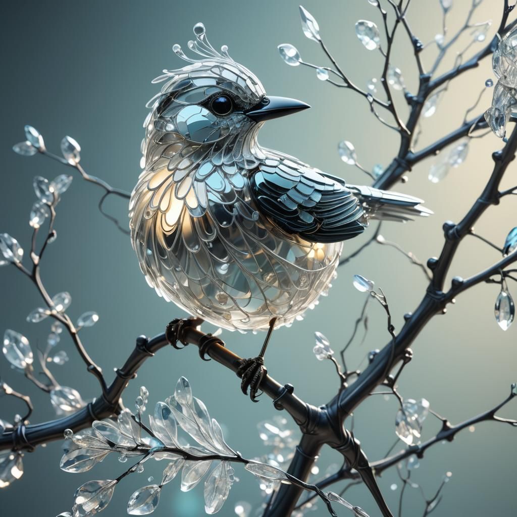 Circuit Board Bird on Glass Branch: Surreal Digital Art
