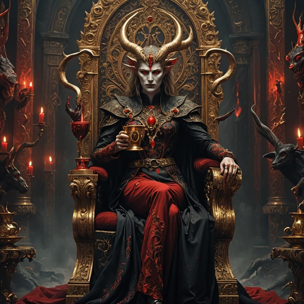 Lilith on Throne with Red Eyes in Digital Painting