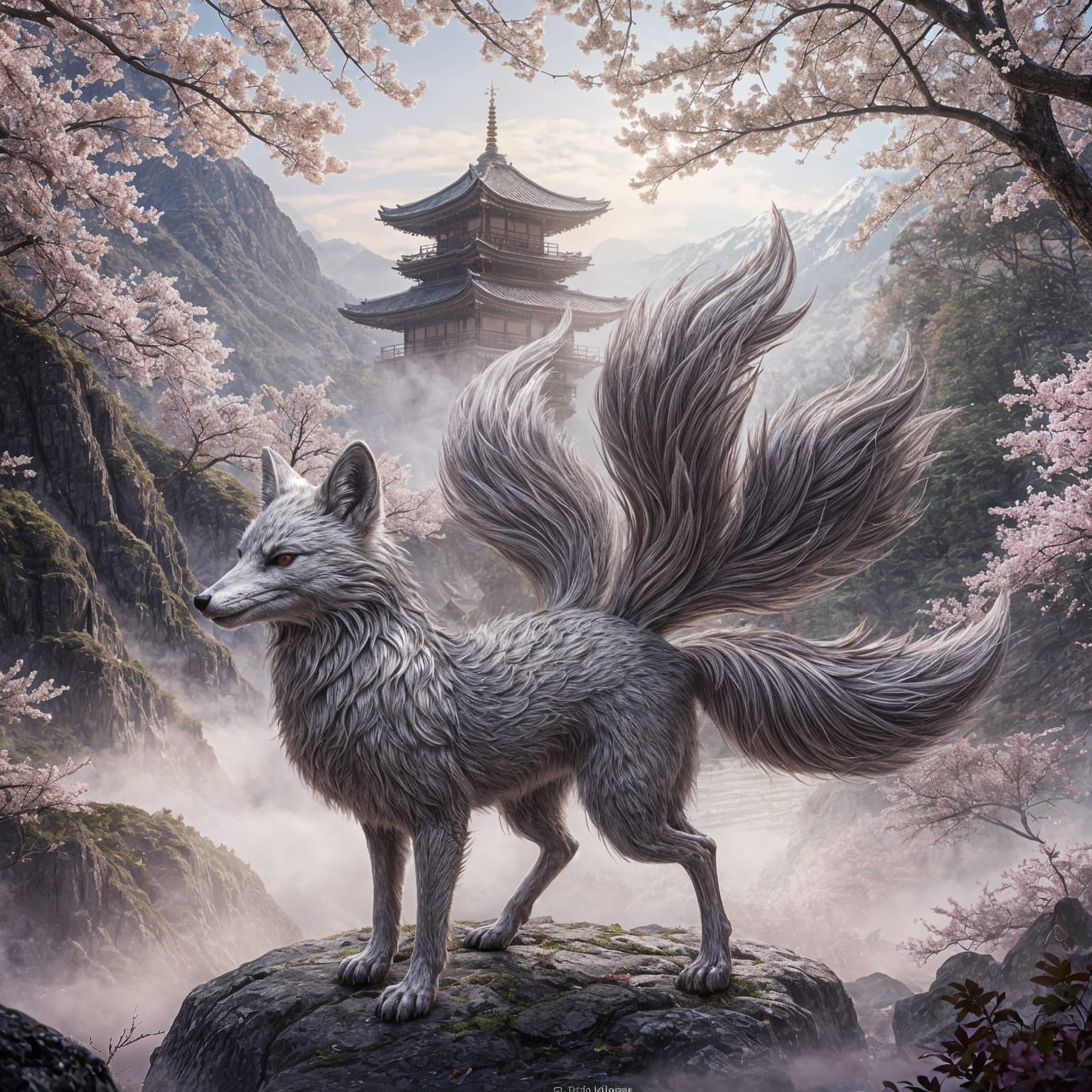 Mythical Metallic Fox with 7 Tails in Cherry Blossom Temple