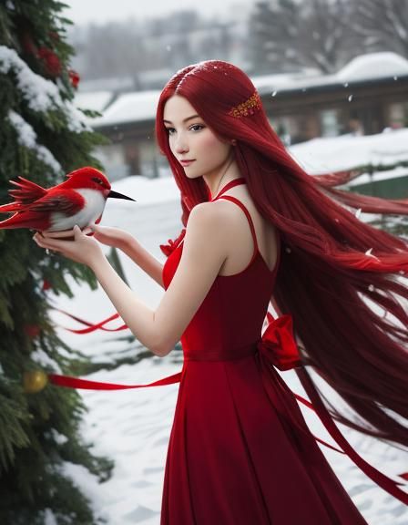 Woman in Red Gown with Birds in Snow