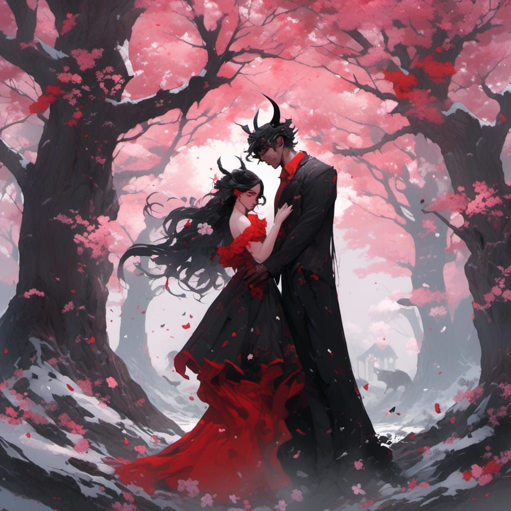 Demonic Embrace in a Cherry Blossom Blizzard