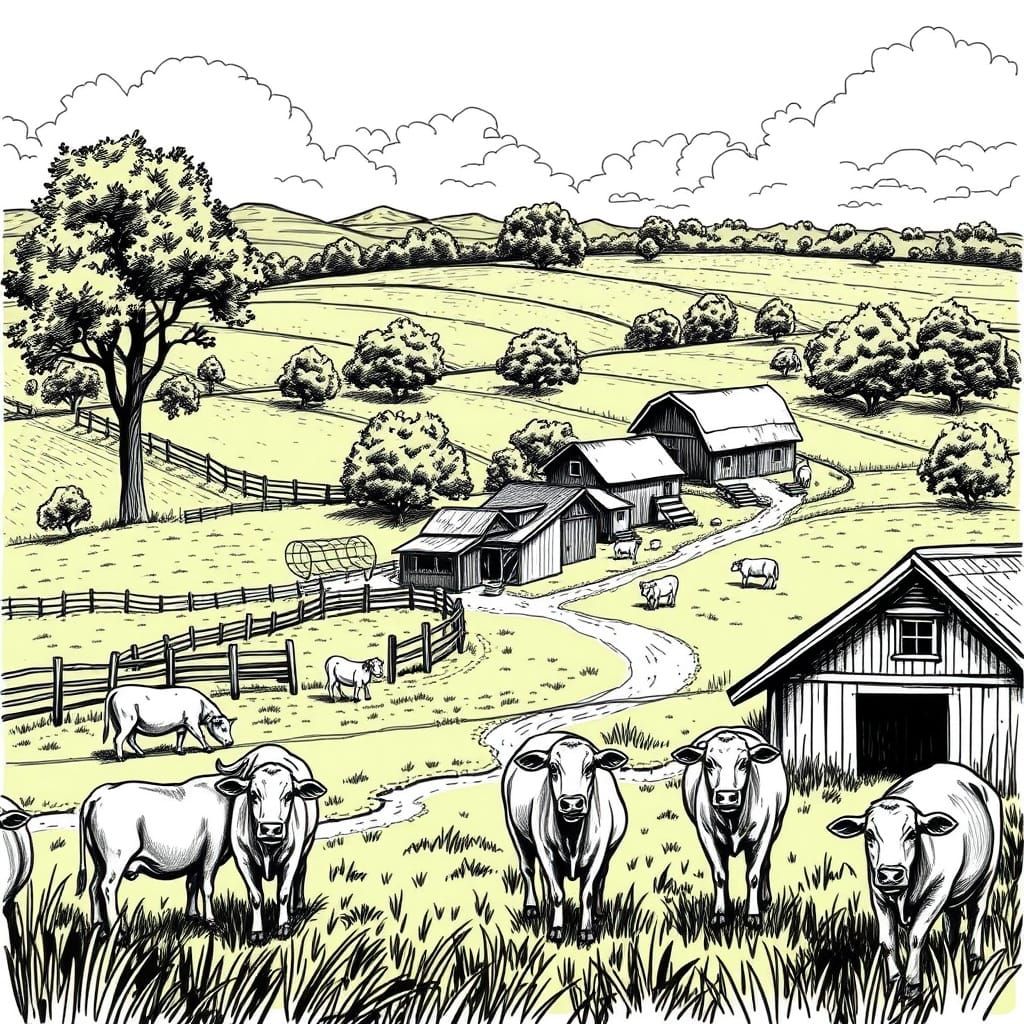 Stylized Black and White Farm Sketch