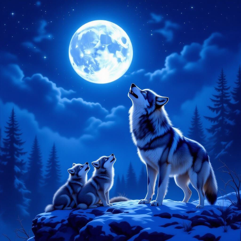 Wolf Pack Howling at Luminous Moon in Night Sky