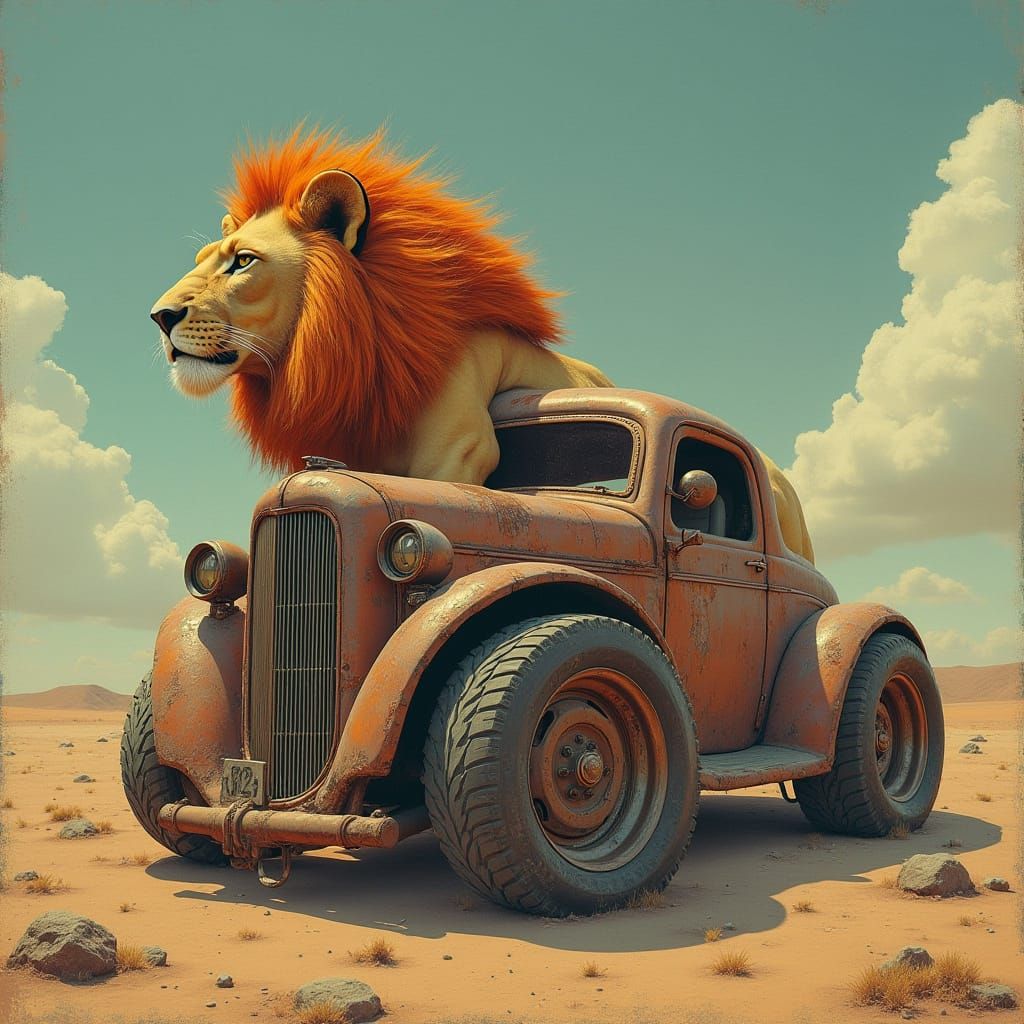 Lion Car Hybrid in Futuristic Landscape