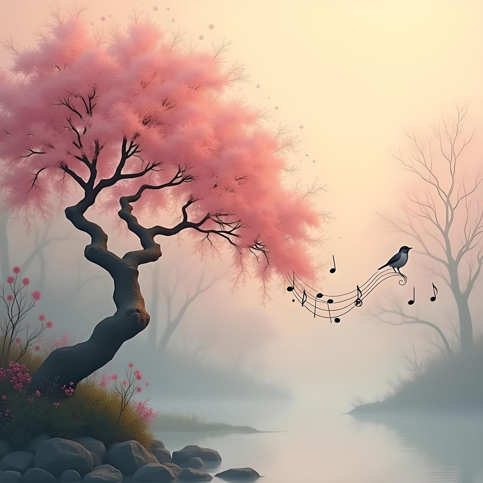 Serene Katsura Tree Songbird in Impressionist Style