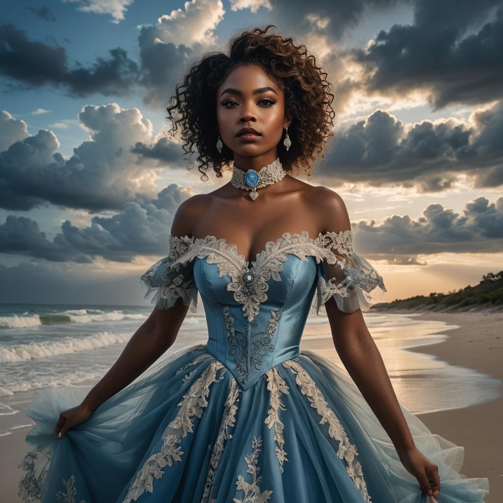 Voluptuous Woman in Victorian Dress on Ominous Beach